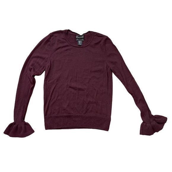 Nanette Lepore Women's Burgundy 100% Extra Fine Merino Wool Sweater Ruffle Sz M - Picture 1 of 9